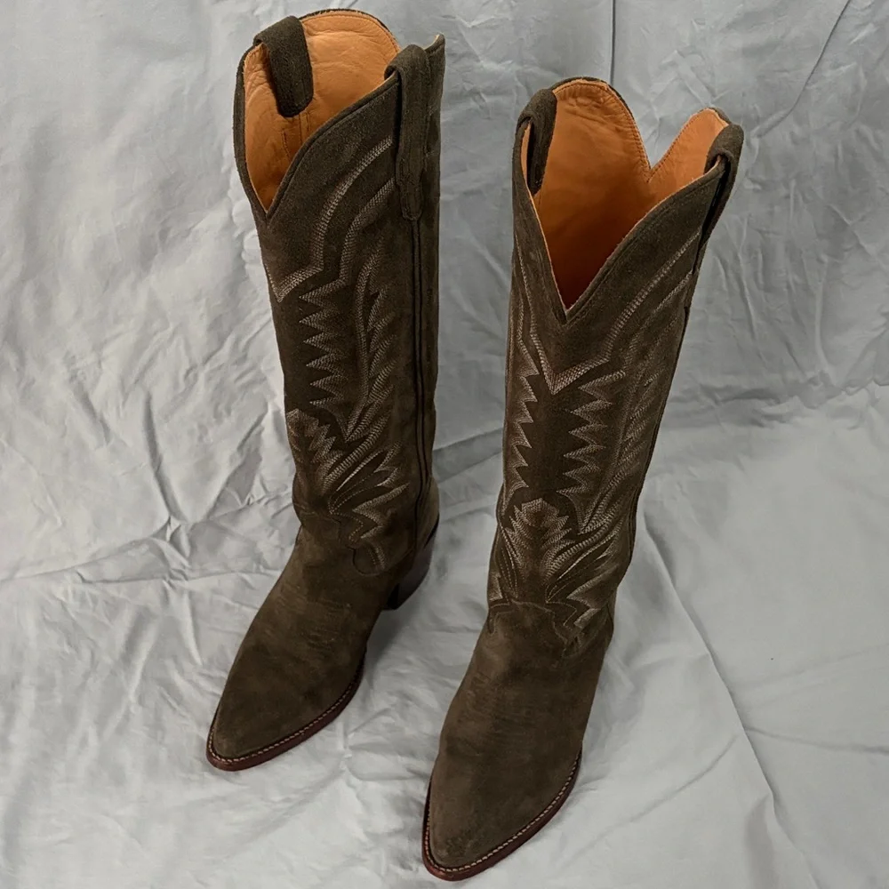 Tecovas Abby Olive Green Suede Cowgirl Boots - Picture 3 of 6